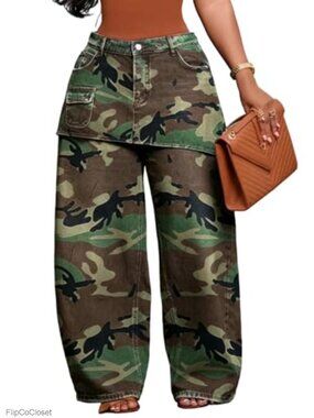 High Waisted Wide Leg Cargo Jeans Skirt Overlay Patchwork Denim Pants